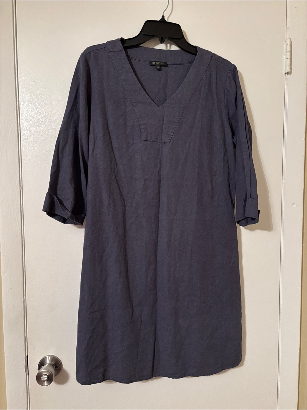 For Cynthia Navy V-Neck Long Sleeve Linen Dress